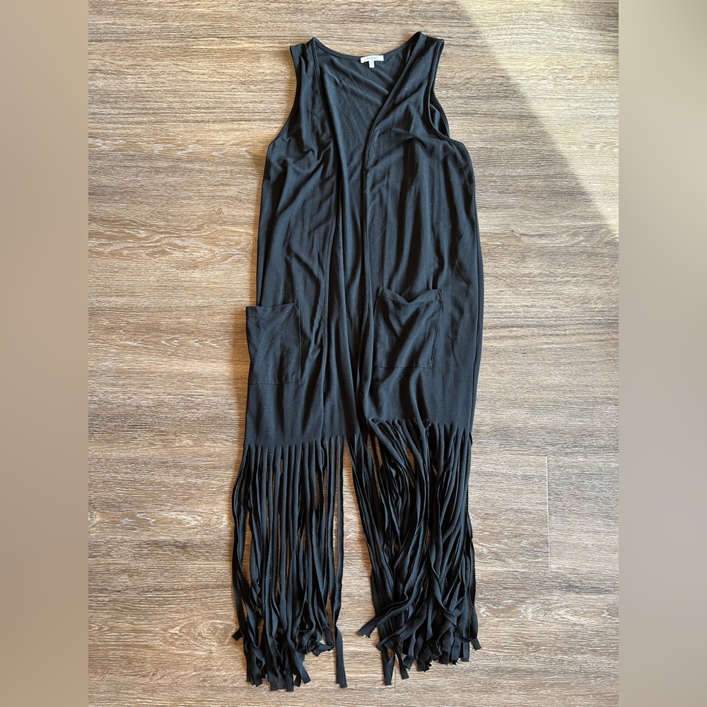 Boutique Brand black sleeveless, fringe duster. Women’s size medium.